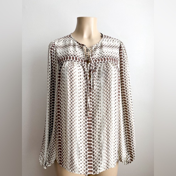 BCBGMaxAzria Lorella Pattern Long Balloon Sleeves Blouse Chiffon Career Formal - Picture 6 of 11